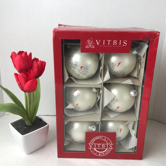 VINTAGE VITBIS Red Robin i& Silver Trees Satin Finished Glass Ball Ornaments Box - Picture 1 of 7